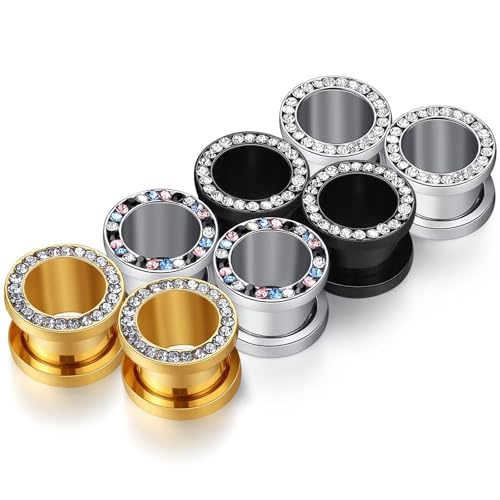 WBRWP Unisex Women 6pcs/8pcs-3pairs/4pairs Hollow Zircon Stainless Steel Screw Ear Plugs Tunnels with ZirconEar Plugs Tunnels - Ear Expander - Ear Gauges Stretcher Body Piercing 8g-5/8 - color: 4pairs(8pcs) set with Zircon