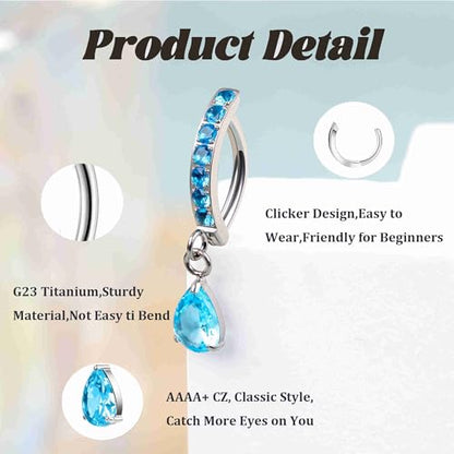 14G G23 Titanium Clicker Belly Button Ring for Women - Teardrop CZ Dangle Curved Reverse Barbell Navel Piercing - Hypoallergenic Jewelry - color: Blue