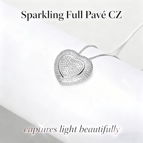 Chuncky Cz Pave Heart Pendant Necklace for Women, Silver | Sparkling Full Pavé Rhinestone, Love Gift for Mom Girlfriend, Floating Heart Necklace, Elegant Chunky Jewelry