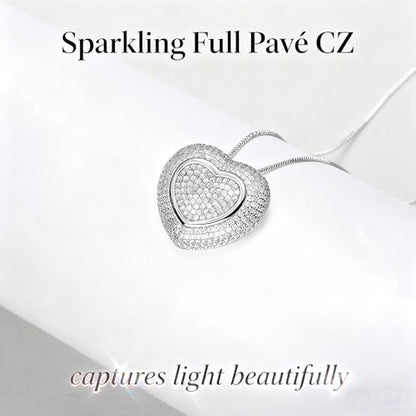 Chuncky Cz Pave Heart Pendant Necklace for Women, Silver | Sparkling Full Pavé Rhinestone, Love Gift for Mom Girlfriend, Floating Heart Necklace, Elegant Chunky Jewelry