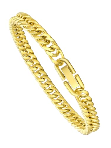 Richsteel Mens Cuban Link Bracelets, Silver/Black/14K Gold Plated Stainless Steel Bracelet for Men 8/12/17mm Width, 7.4/8.2/9 Inch Length Chain Wrist Bracelets With Gifts Box - style: 02-Gold Plated 6mm Width