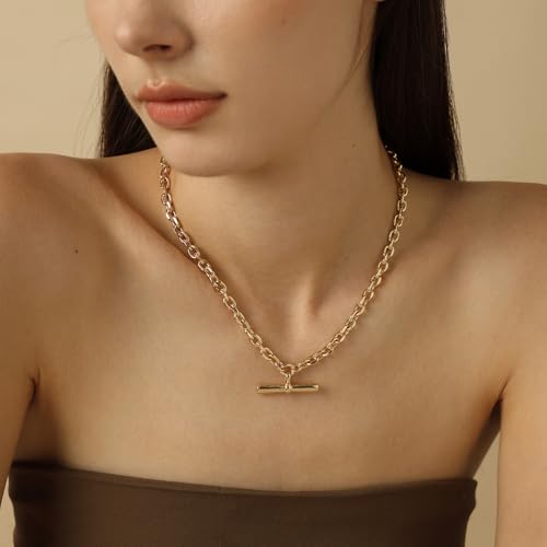 COBI T Bar Necklace for Women, Circle Pendant Necklaces,Gold Tone Finished Four Leaf Clover | Link Chain Necklace with T-Bar Charm, Adjustable 17"/18"+2" Jewelry Gift - color: Gold, style: T-Bar