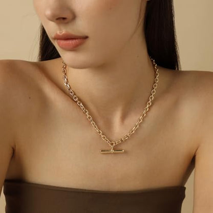 COBI T Bar Necklace for Women, Circle Pendant Necklaces,Gold Tone Finished Four Leaf Clover | Link Chain Necklace with T-Bar Charm, Adjustable 17"/18"+2" Jewelry Gift - color: Gold, style: T-Bar