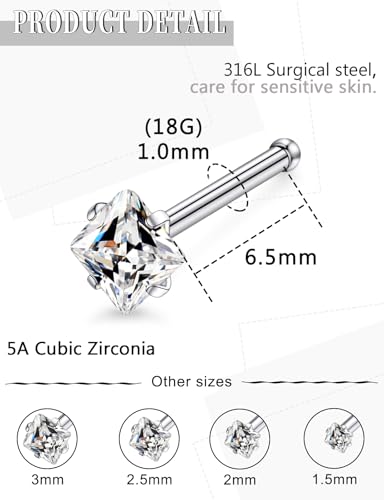 18G 20G 14K Gold Filled Nose Rings Studs Piercing Jewelry For Women Men 316L Surgical Steel Round Square Cubic Zirconia Nose Rings Studs Nostrial Piercing Jewelry CZ 1.5mm 2mm 2.5mm 3mm - color: Silver, size: 18 Gauge-Straight-Square CZ