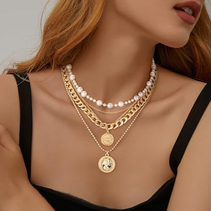 MJartoria Layered Necklaces for Women Trendy Retro Coin Pendant | Dainty Chunky Chain, Choker Necklaces, Jewelry Birthday Gifts - color: Golden, style: Pearl-3PCS
