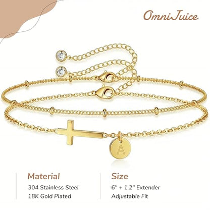 Cross Bracelet Set for Women, 18K Gold Plated Stainless Steel, Minimalist Cross & Initial Letter Charm, Adjustable Layered Bracelets with Gift Box and Inspirational Cards - style: Initial-B