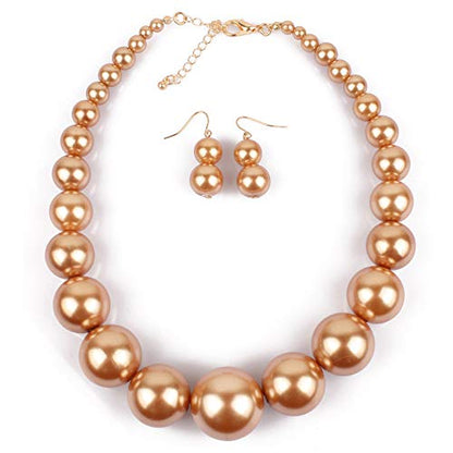 Fuqimanman2020 Chunky Large Simulated Pearl Choker Necklace Drop Dangle Earrings Crystal Bib Big Round Beaded Strand Multicolor Costume Statement Wedding Jewelry Set for Women Brides - color: Champagne