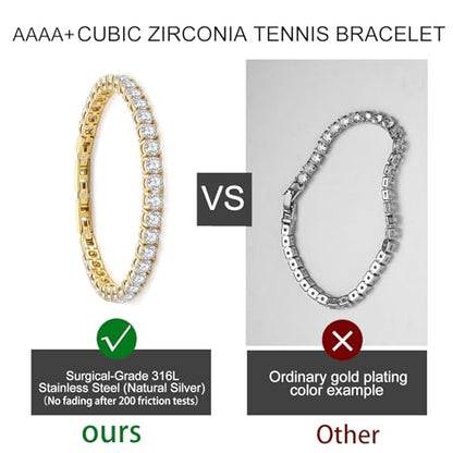 Stainless Steel Adjustable CZ Tennis Bracelet for Women Men | 14K Gold Plated, Round 3mm/4mm/5mm AAAA+ Cubic Zirconia, Dainty Classic, Festival Wedding Jewelry Gift - color: Gold, size: CZ 5mm