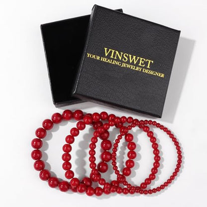 Vinswet 4pcs Beaded Bracelets for Women,Natural Healing Crystal Gemstones Bracelet,Anxiety Stress Relief Bracelet Handmade purple Jewelry Gifts for Women - color: Red agate