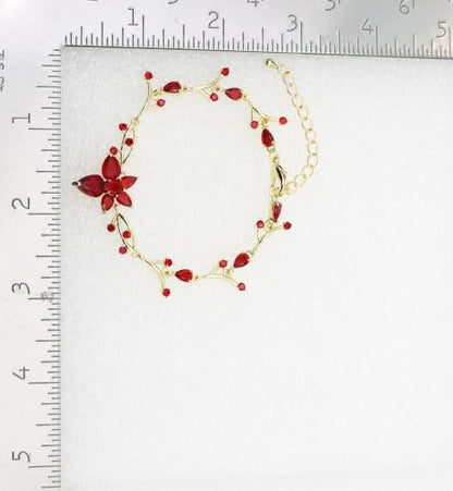 Faship Gorgeous CZ Crystal Floral Necklace Earrings Set - color: Red / 14K gold plated / Matching Bracelet