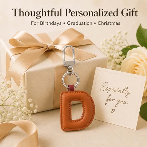 Initial Letter Keychain,Stainless Steel,Colorful Faux Leather Keyring for Backpack,Purse,Car Keys,Gift for Men Women - color: D