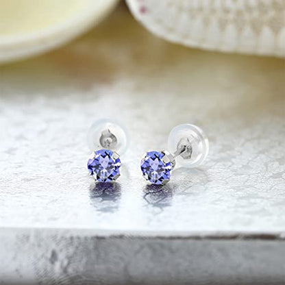 Gem Stone King 14K Gold Gemstone Birthstone Stud Earrings For Women Men | 4MM Round Cut | Solitaire Gold Studs with Secure Backs | Fine Jewelry for Her Him Mom Dad Wife - color: Tanzanite-December