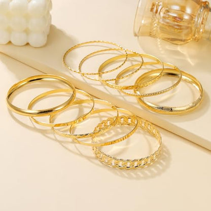 Gold Bangles for Women, 12 Pcs Boho Stackable Bracelets Multi Layer Textured Chunky Bracelets Jewelry Set for Women - color: Style E- 10 pcs gold
