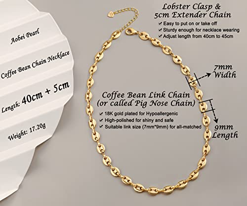 Aobei Pearl 18K Gold Plated Paperclip Chain Choker Satellite Chain Freshwater Cultured Biwa Pearl Pendant Necklace Dainty Turquoise Jewelry for Women - color: Pig Nose Chain