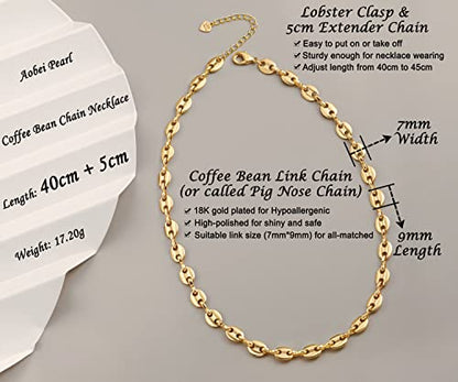 Aobei Pearl 18K Gold Plated Paperclip Chain Choker Satellite Chain Freshwater Cultured Biwa Pearl Pendant Necklace Dainty Turquoise Jewelry for Women - color: Pig Nose Chain