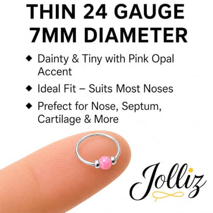Jolliz Opal Nose Rings Hoops – 24 Gauge Classic Design, Elegant Nose Rings for Women & hypoallergenic Nose Piercings Jewelry Perfect for Any Occasion with Comfortable Fit - color: Pink Opal Silver