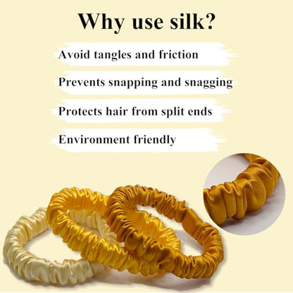 VLOMOT 3 Pcs Set 100% Pure Mulberry Silk Hair Scrunchies (Yellow) | Silk Hair Ties for Thin Hair with 3 Chic Colors Everyday Skinny Scrunchies Silk Ponytail Holders Hair Care No Damage - color: Yellow