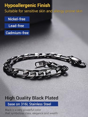 PROSTEEL Bracelets for Men, Figaro/Cuban Mens Bracelet, Silver/Gold/Black | 6/9/13mm Width, 7.5/8.3/9" Length, Stainless Steel Mens Bracelet, Durable & Non Tarnish, Chunky Jewelry with Gift Box - style: D 7.5mm-Figaro-Black-Textured