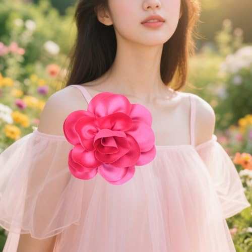 Large Rose Flower Brooches Chiffon Camellia Brooch Lapel Pins Hair Clips Hat Pins for Women Wedding Banquet Accessories Large Satin Flowers 5.5in - color: Pink 1