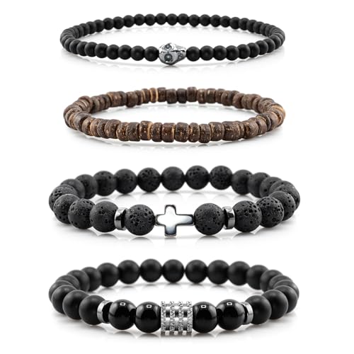 Flybar Men's 4 Piece Beaded Bracelet Set, Natural Lava Stone Black Onyx Matte Agate Tiger Eye, Stretchable Elastic Handmade Stackable - color: CD02 Skull Cross Rock