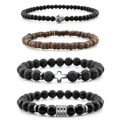 Flybar Men's 4 Piece Beaded Bracelet Set, Natural Lava Stone Black Onyx Matte Agate Tiger Eye, Stretchable Elastic Handmade Stackable - color: CD02 Skull Cross Rock