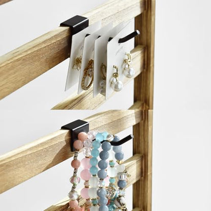 Ikee Design 2pcs Wood Jewelry Earring Display Rack 20 Removable Metal Hooks | Wooden 5 Tiers Jewelry Display Rack with Hooks: Comes with 20 removable metal hooks for earrings, earring cards, bracelets. - color: b) Oak, 2 Pieces