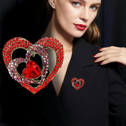 2pcs Rhinestone Brooch Pin for Women Dress Elegant Stylish Crystal Brooches Fashion Accessories Pins Lapel Boutonniere Ideas Wedding Christmas Birthday Jewelry Easter Gift - color: 17 Blue Deer/Red Heart