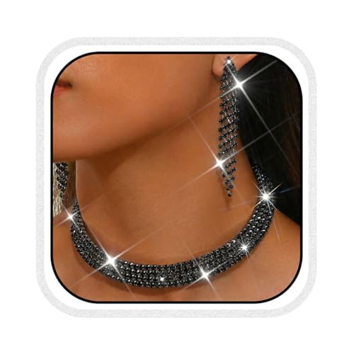 Rhinestone Bridal Wedding Jewelry Sets Silver Choker Necklace Earrings Set Prom Formal Costume Jewelry Set for Women and Brides - color: Black