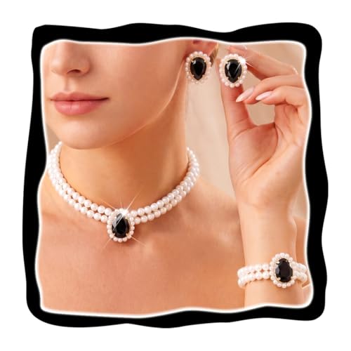 Brishow Pearl Necklace Jewelry Set Wedding Pearls Earrings Necklaces Set Bridal Crystal Bracelet Jewelry for Women (Pack of 3) - color: Black, size: 2 Layered
