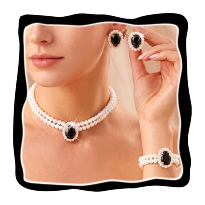 Brishow Pearl Necklace Jewelry Set Wedding Pearls Earrings Necklaces Set Bridal Crystal Bracelet Jewelry for Women (Pack of 3) - color: Black, size: 2 Layered