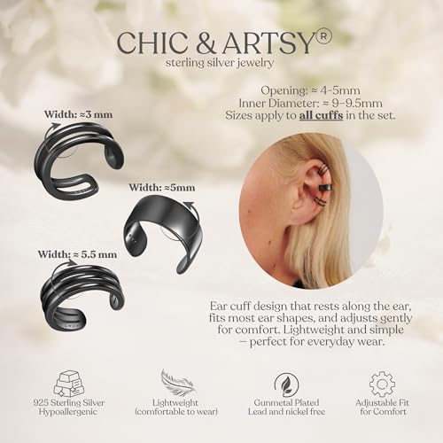 CHIC & ARTSY 925 Sterling Silver Ear Cuffs for Women, Non Piercing Clip On Cartilage Cuffs, Adjustable Fake Conch & Helix Earrings, Gold Plated & Oxidized Various Styles - color: ear cuff #8