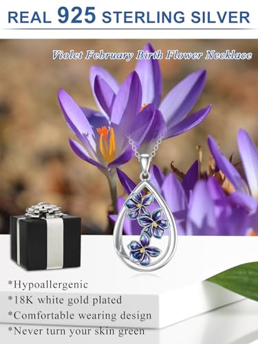 12 Month Birth Flower Necklace for Women 925 Sterling Silver Floral Teardrop Pendant Birthday Jewelry Gifts - color: 02. February Violet