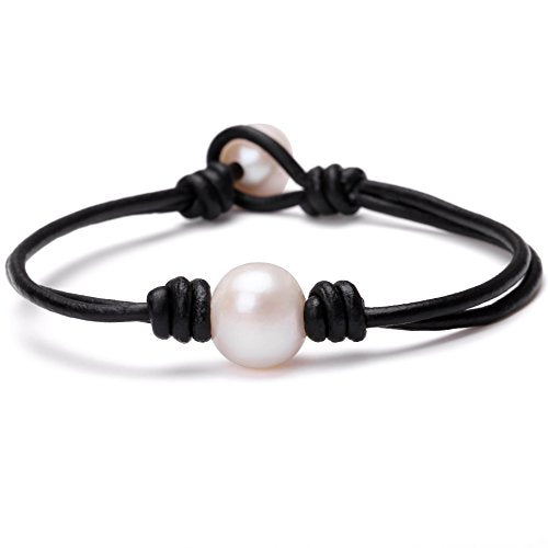 Single Cultured Freshwater Pearl Bracelet Handmade Leather Pearl Jewelry for Women 7'' - style: 7'' Black