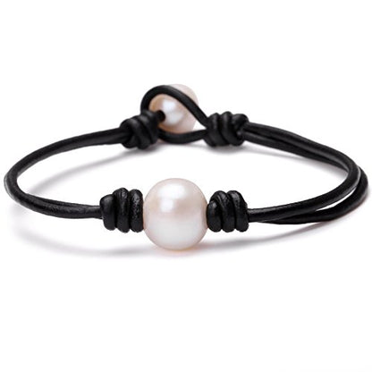 Single Cultured Freshwater Pearl Bracelet Handmade Leather Pearl Jewelry for Women 7'' - style: 7'' Black