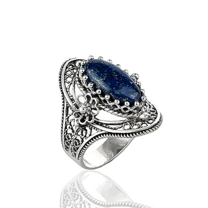 Filigranist 925 Sterling Silver Handcrafted Filigree Art Flower Pattern Woman Oval Statement Ring, Gift Boxed - color: Lapis Lazuli