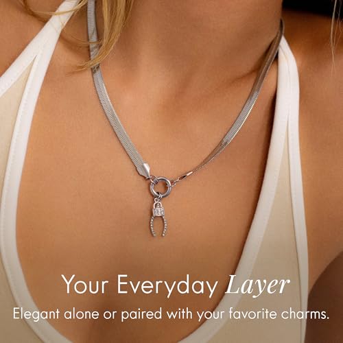 Destin Jewelry 18K Gold Plated Herringbone Necklace for Women and Men, Waterproof Flat Snake Chain, Stainless Steel Non Tarnish Layering Necklace - color: Silver, size: 20" + 2"