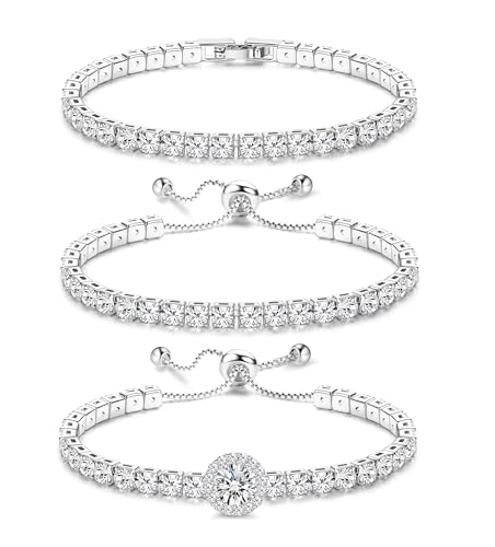 YADOCA 3Pcs Silver Tennis Bracelets For Women Diamond Bracelets Jewelry | Silver Bracelet Stack Cubic Zirconia CZ Adjustable Stackable Bracelets Set For Prom Wedding Gift - style: C:Round CZ-1