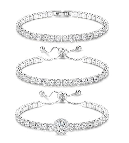 YADOCA 3Pcs Silver Tennis Bracelets For Women Diamond Bracelets Jewelry | Silver Bracelet Stack Cubic Zirconia CZ Adjustable Stackable Bracelets Set For Prom Wedding Gift - style: C:Round CZ-1