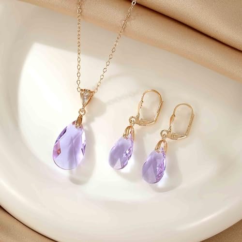 Austrian Crystals Teardrop Pendant Necklace Earrings for Women 14K Gold Plated Hypoallergenic Leverback Drop Dangle Earrings Jewelry Set - color: Tanzanite