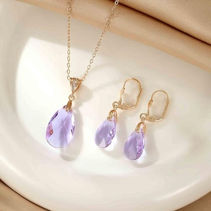 Austrian Crystals Teardrop Pendant Necklace Earrings for Women 14K Gold Plated Hypoallergenic Leverback Drop Dangle Earrings Jewelry Set - color: Tanzanite