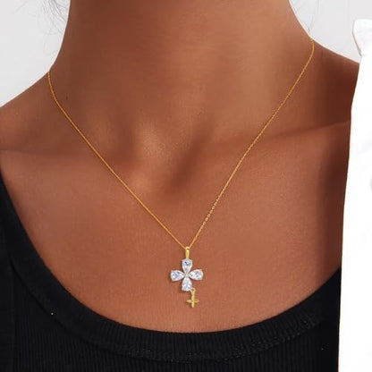 14K Gold Plated | 14K Platinum Plated Necklace for Women Necklace Earrings Set with Sparkling Zircon Inlay and Silver Post Earrings - color: Cross fringe set gold