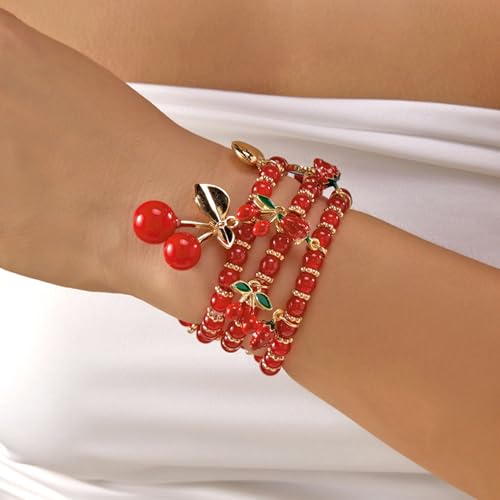Red Cherry Beaded Bracelets Set for Women Stackable Layered Charm Bracelets Red Beaded Stretch Bracelet Cute Boho Statement Jewelry for Birthday Party Vacation Gift - color: 3PCS Set - Strawberry Cherry