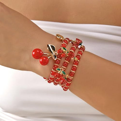 Red Cherry Beaded Bracelets Set for Women Stackable Layered Charm Bracelets Red Beaded Stretch Bracelet Cute Boho Statement Jewelry for Birthday Party Vacation Gift - color: 3PCS Set - Strawberry Cherry