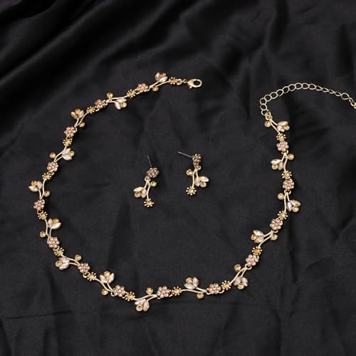 Elegant Brides Austrian Crystal Flower Choker Necklace Drop Dangle Earring Bracelet Wedding Jewelry Set for Bridesmaid Prom Costume Jewelry Set for Women - color: Champagne-Gold Plated