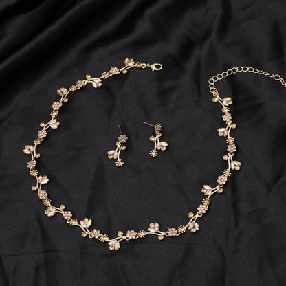 Elegant Brides Austrian Crystal Flower Choker Necklace Drop Dangle Earring Bracelet Wedding Jewelry Set for Bridesmaid Prom Costume Jewelry Set for Women - color: Champagne-Gold Plated