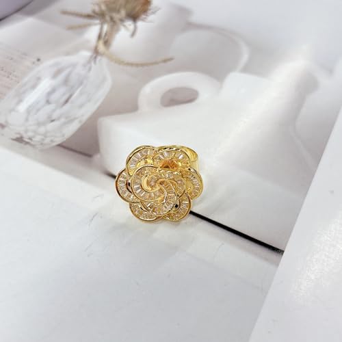 Gold Rose Flower Statement Cocktail Ring for Women Sparkly Rhinestones Crystal Floral Blooming Open Wrap Adjustable Finger Band Rings Stacking Comfort Fit Wedding Engagement Promise Fashion Jewelry