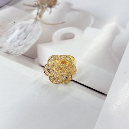 Gold Rose Flower Statement Cocktail Ring for Women Sparkly Rhinestones Crystal Floral Blooming Open Wrap Adjustable Finger Band Rings Stacking Comfort Fit Wedding Engagement Promise Fashion Jewelry