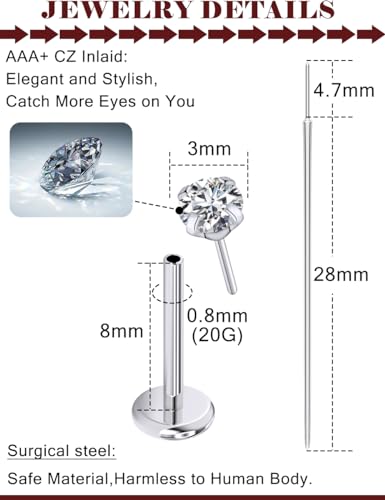 Prjndjw Threadless Nose Rings Stud 20G 18G 16G Flat Back Nose Stud Surgical Steel Push In Nose Rings Opal Heart CZ Hypoallergenic Nose Piercing Lip Medusa Tragus Studs Earrings Piercing Taper - color: 20G =0.8mm -8mm Length