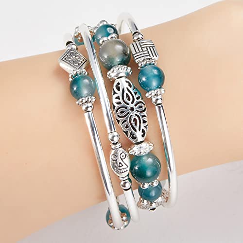 BULINLIN Layered Wrap Bangle Turquoise Bracelet - Bead Bracelet with Natural Agate Stone, Gifts For Women - color: 03-Jade Green
