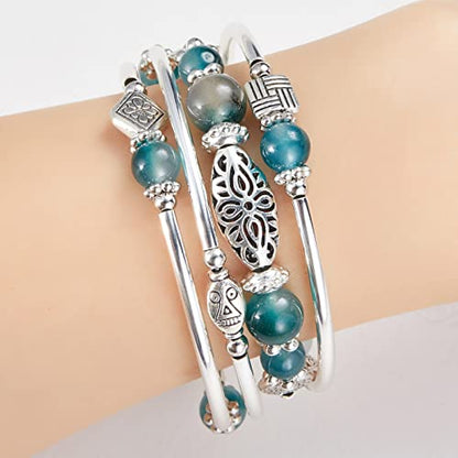 BULINLIN Layered Wrap Bangle Turquoise Bracelet - Bead Bracelet with Natural Agate Stone, Gifts For Women - color: 03-Jade Green
